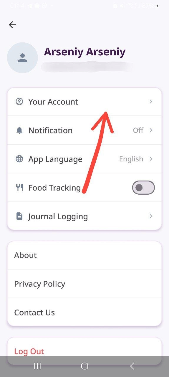 Account menu, the Your Account item is marked with an arrow