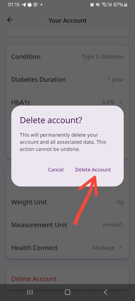 Confirmation dialog asking whether to delete the account